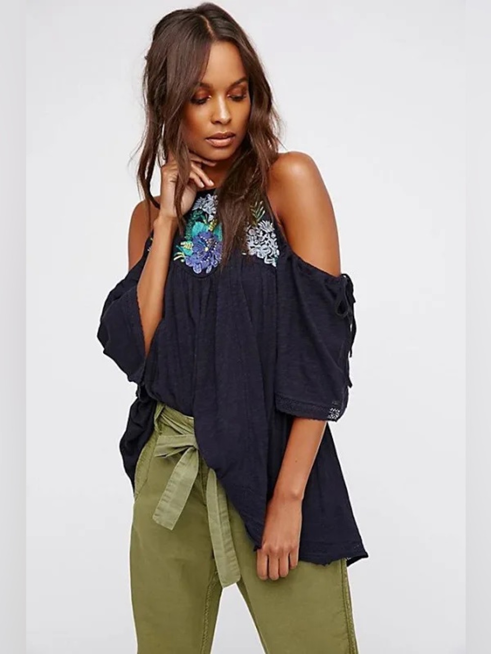 Free People Embroidered Flowy Top Boho Blue Cut Out Cowgirl Feminine
